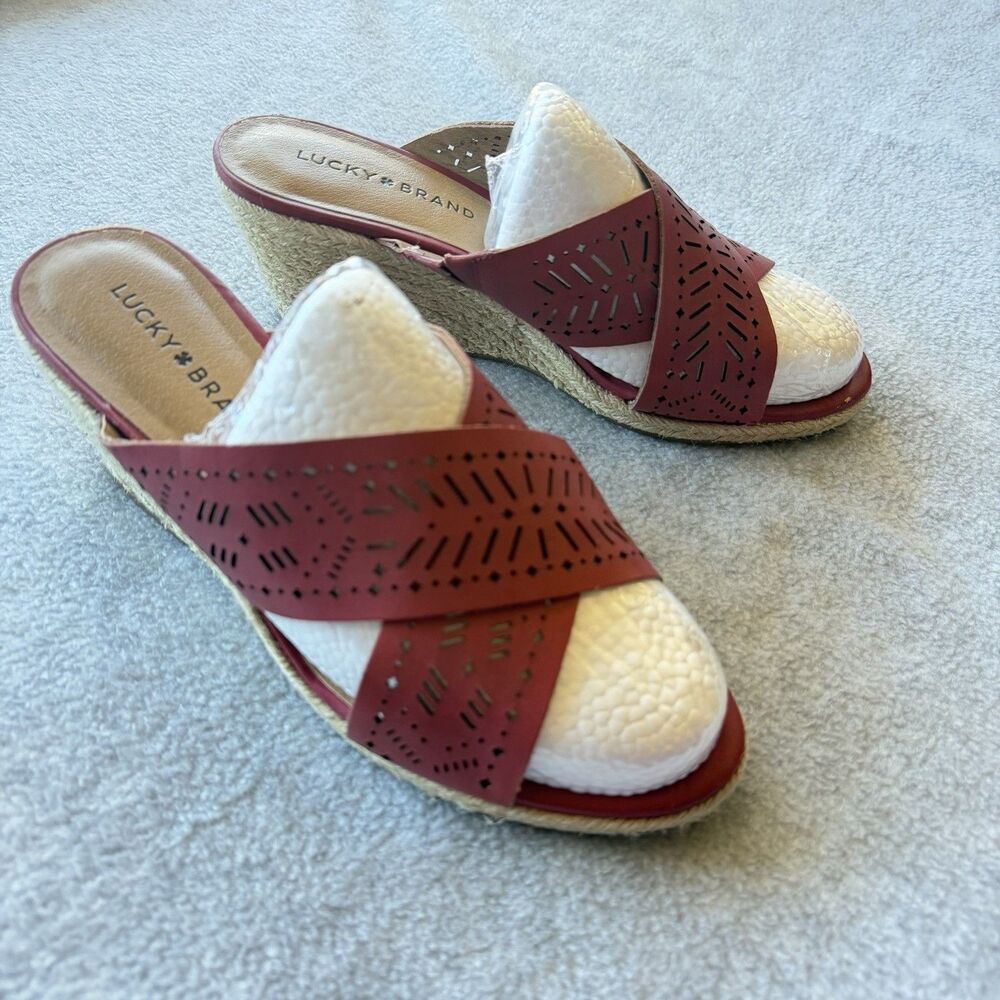 Lucky Brand Keela Women's 8 Red Leather Slip On Wedge 2.75" Sandals Espadrille